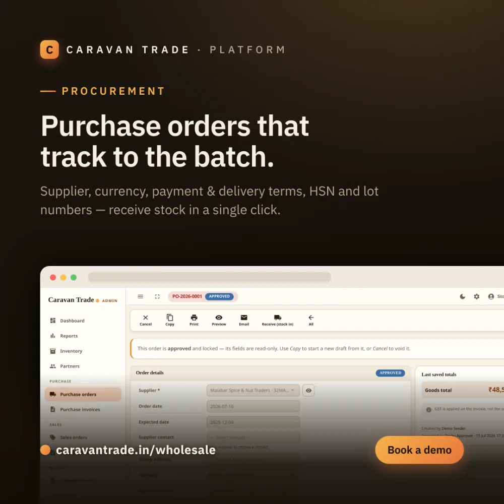 Purchase order with supplier, line items and approval status