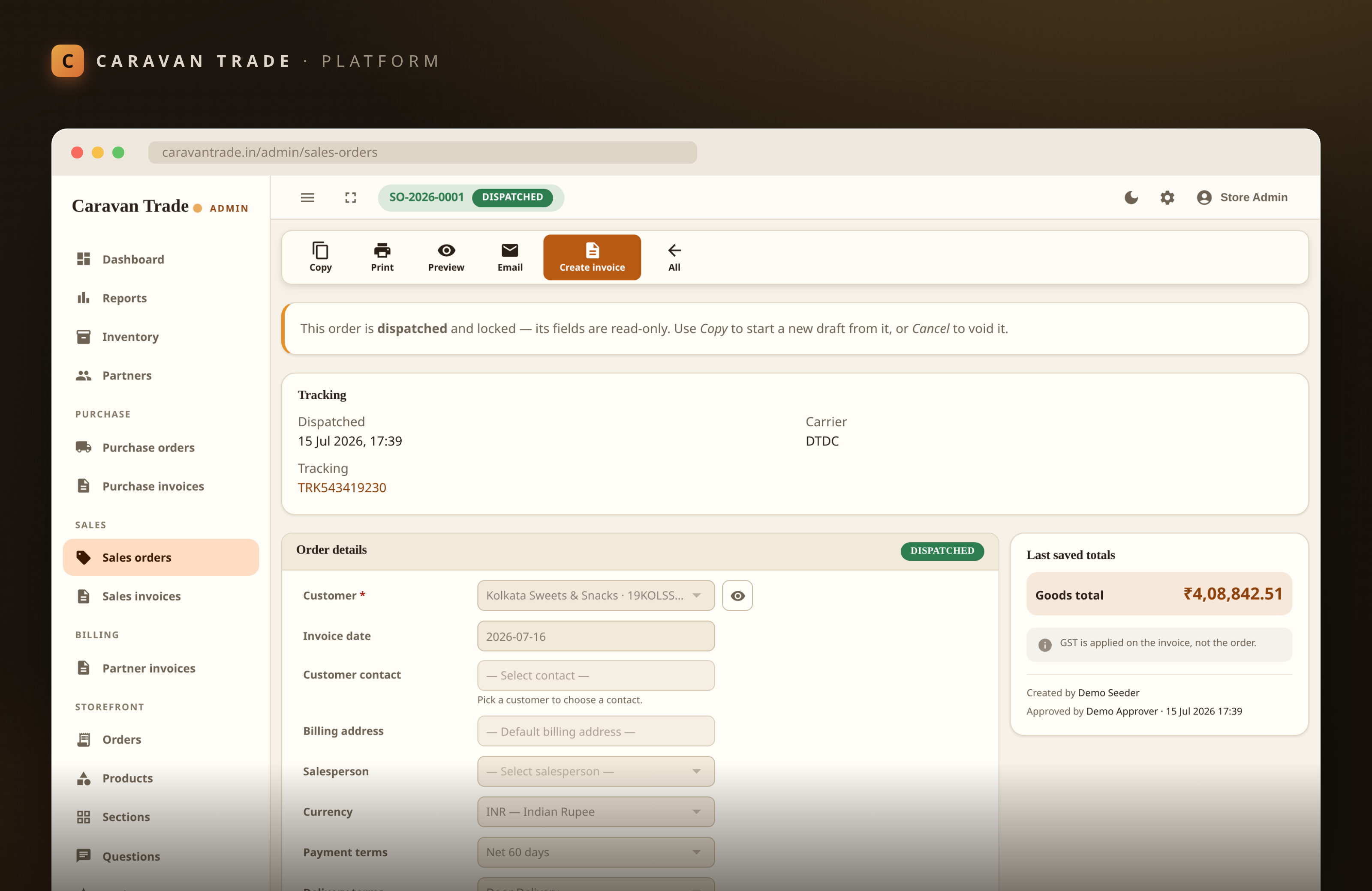 A B2B sales order with partner pricing and approval status
